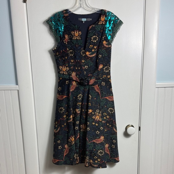 ANTHROPOLOGIE Eva Franco larksong Corduroy Birds Sequin Dress Size 8 - Picture 2 of 13